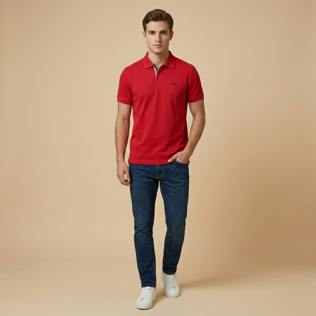 Man wearing a red polo t-shirt
