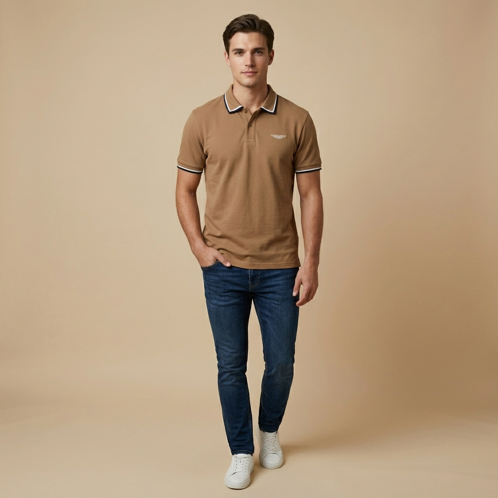 Aston Martin Men's Regular Fit Brown Collar T-Shirt