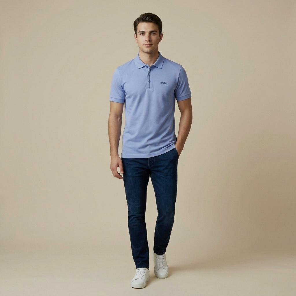 Boss Men's Regular Fit Sky Blue Collar T-Shirt