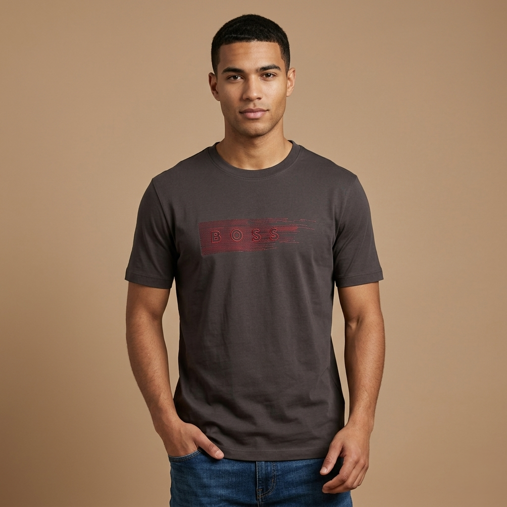 Man wearing a dark gray t-shirt with a red logo on a brown background