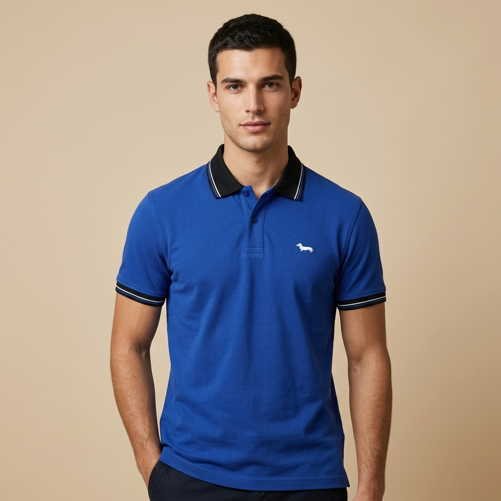 Man wearing a blue polo shirt with a small logo on a beige background