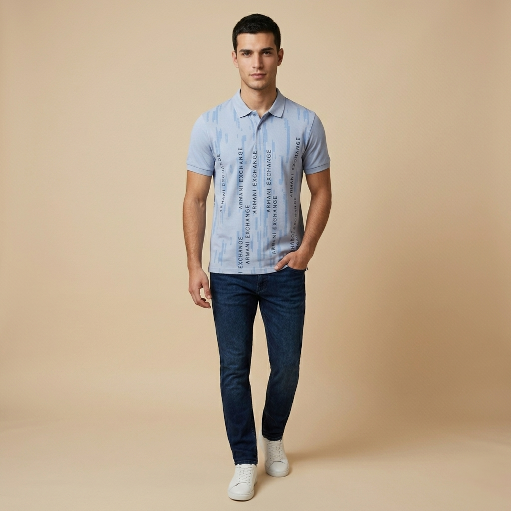 Armani Exchange Men's Regular Fit Sky Blue Collar T-Shirt