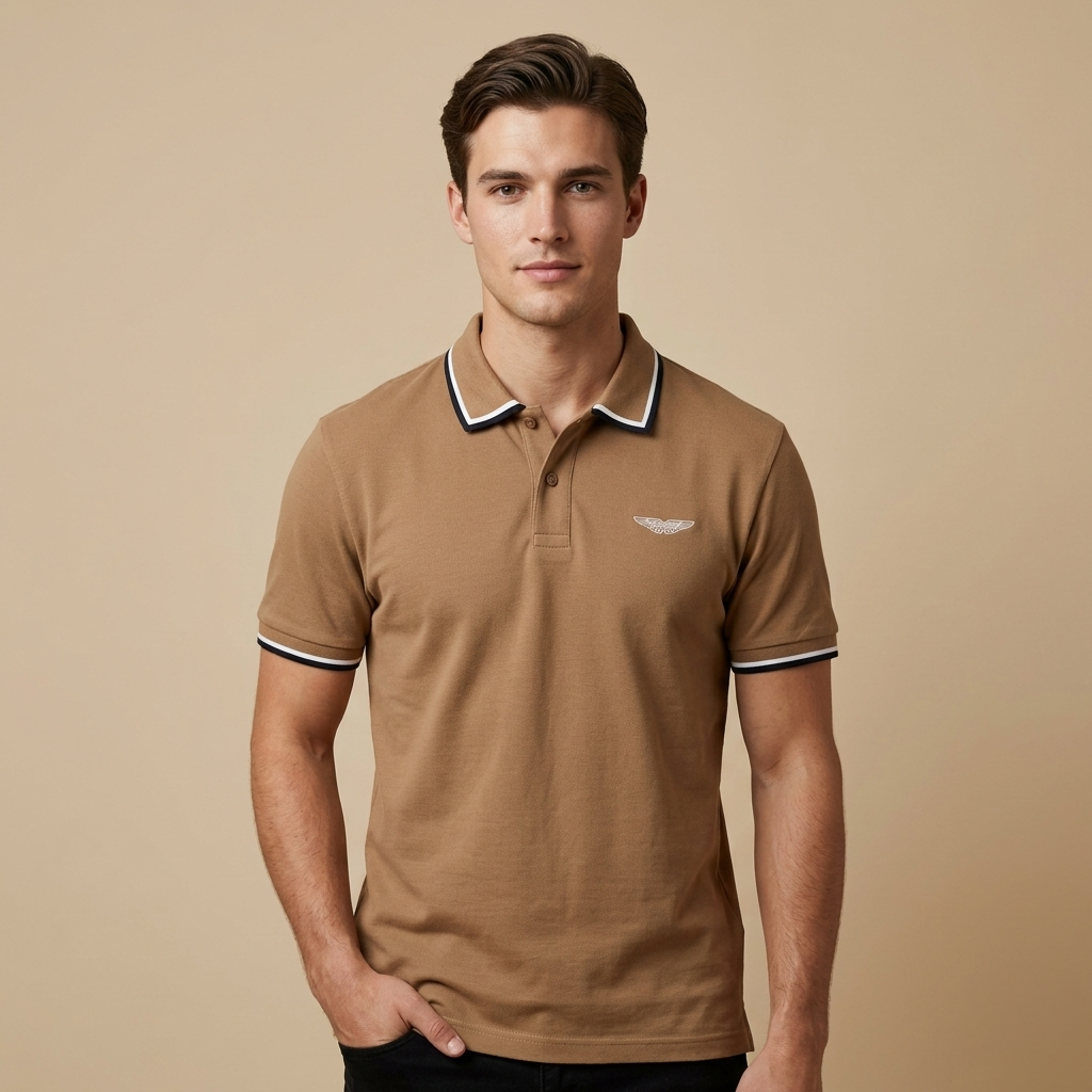 Aston Martin Men's Regular Fit Brown Collar T-Shirt